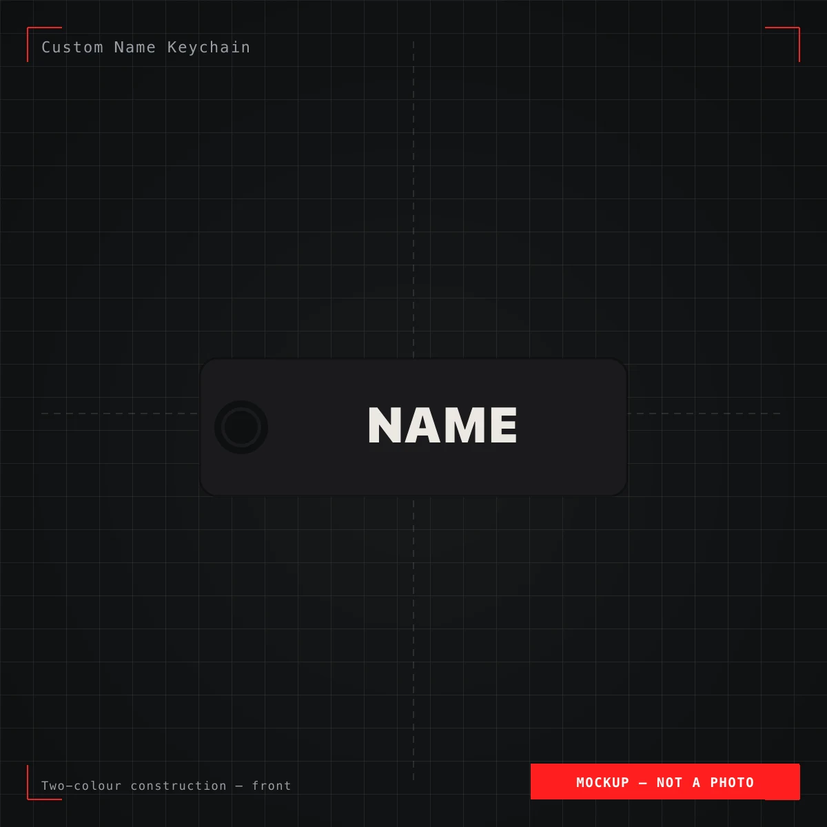 Custom Name Keychain — front view illustration of the two-colour construction