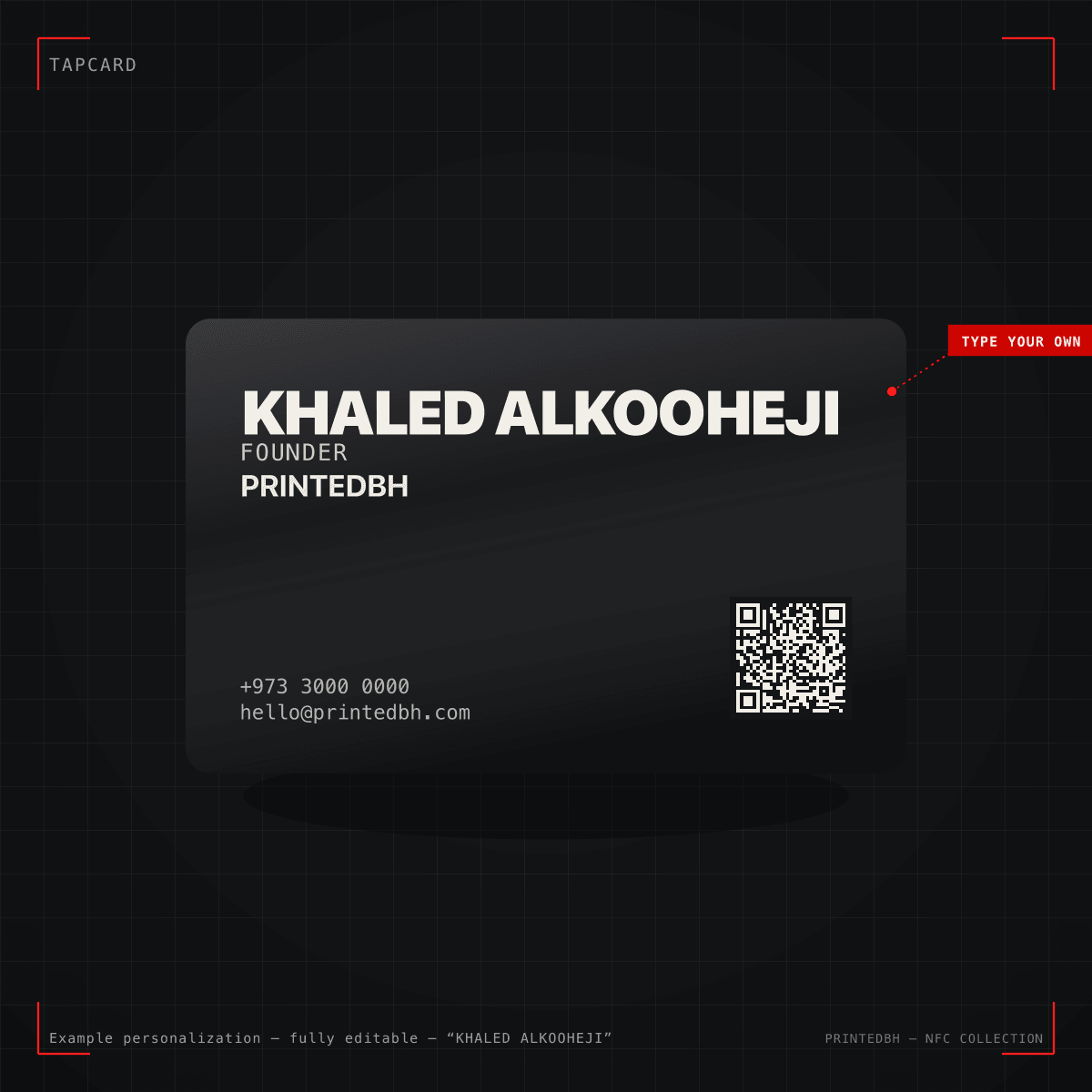 TapCard — a personalized NFC business card, shown with an example name and a callout showing where a customer's own details go